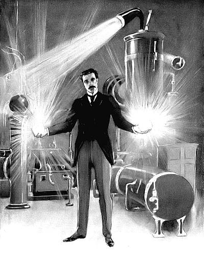 Никола Тесла держит в руках шары пламени.