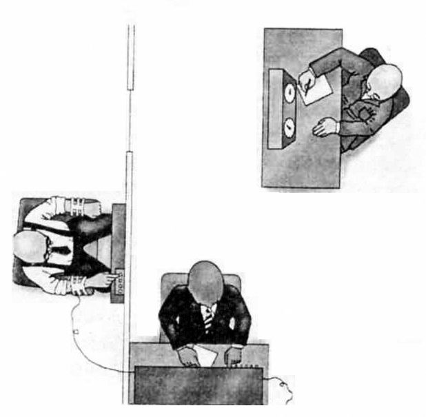 Рис. 18.5. Эксперимент Милграма по подчинению. Испытуемый должен был после каждой ошибки учащегося наносить более сильный удар током. Если испытуемый возражал, экспериментатор настаивал на необходимости продолжать (по: Milgram, 1974).