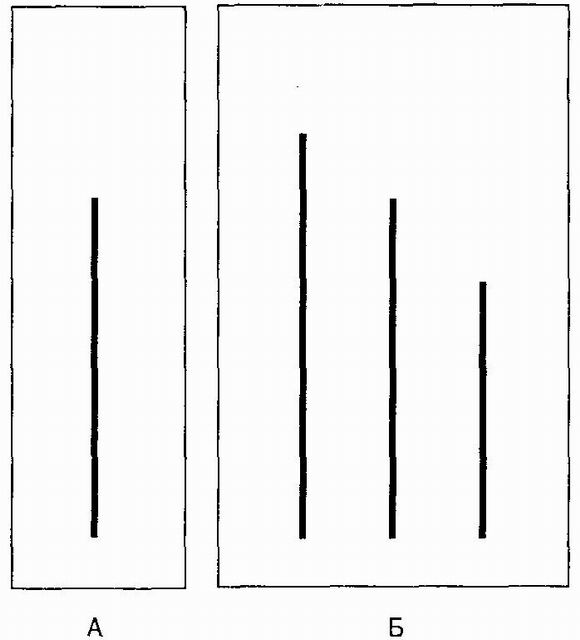 Рис. 18.4. Типичный стимул из исследования Аша. Посмотрев на изображение А, испытуемые должны были выбрать соответствующую линию на изображении Б. Эта картинка типична в том плане, что верный ответ очевиден (по: Asch, 1958).